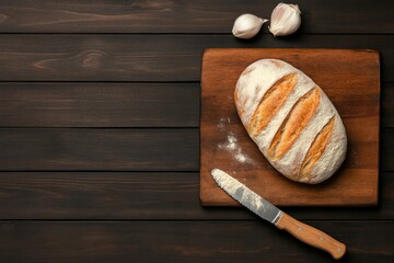 Rustic Artisan Bread Loaf on Wooden Board with Knife and Garlic Cloves on Dark Wood Table