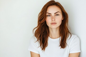 Fototapeta premium Portrait of a woman in a white t-shirt, isolated on white. High-resolution photo with focus on face and eyes, ideal for design templates or marketing materials.