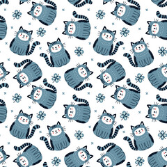 Seamless flat vector pattern with a cute cat and flowers, minimalistic and charming design.