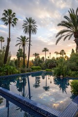 Obraz premium Tranquil Sunset at a Serene Pool Surrounded by Palm Trees Generative AI