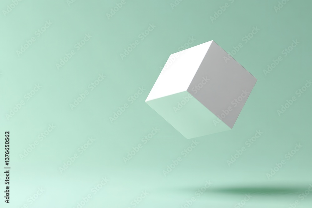 Poster Floating white cube against a soft pastel background creates a minimalist visual effect in contemporary design
