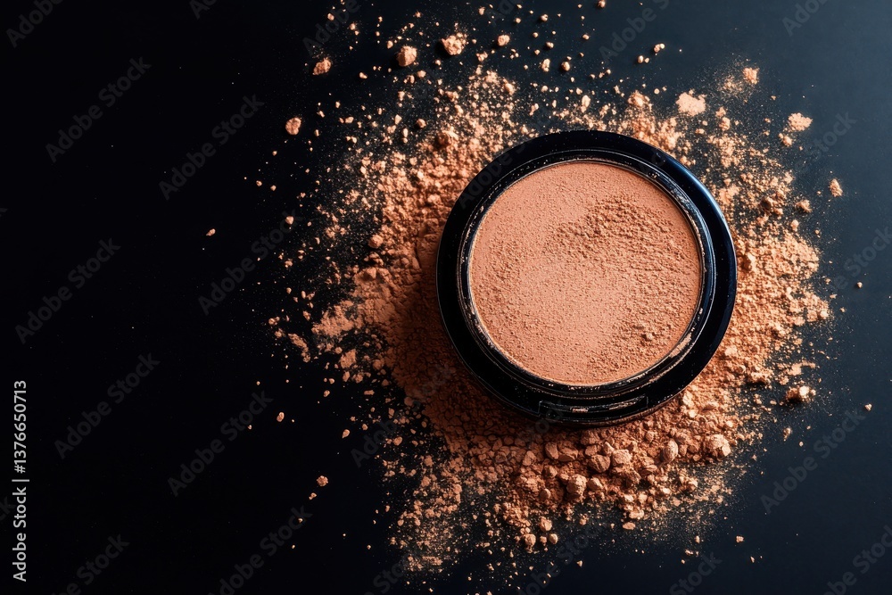 Poster makeup powder container with loose powder spread on a dark surface during a makeup application sessi