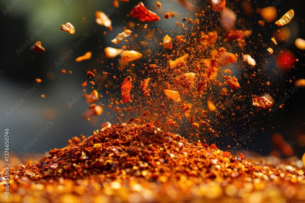 Aufkleber vibrant spice explosion captured in a culinary setting showcasing crisp chili flakes and rich red po