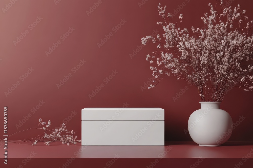 Poster minimalist display of white box and vase with dried flowers against a rich red wall in a stylish int
