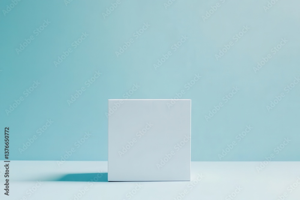 Poster Minimalist square white box displayed against a soft blue background in a modern setting