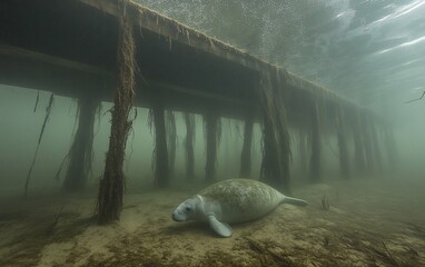 Foggy Swamp Manatee Beneath Pier  Suitable for Professional Presentation