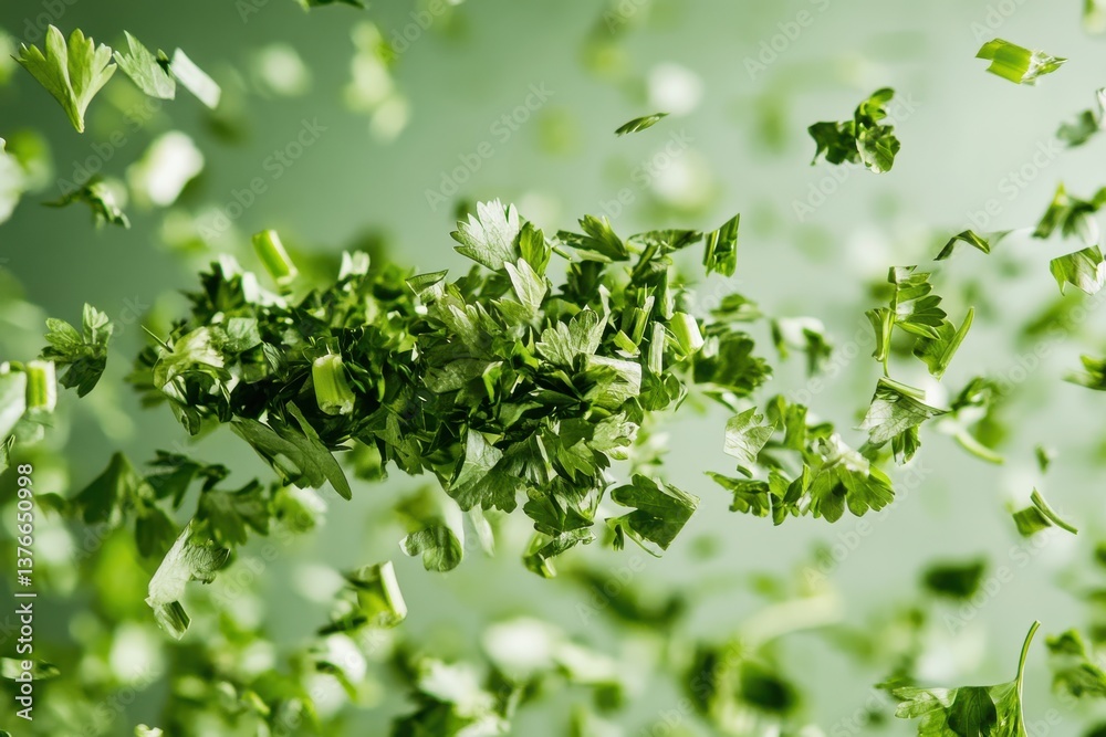 Poster freshly chopped parsley floating in the air creates an artistic view against a blurred green backgro