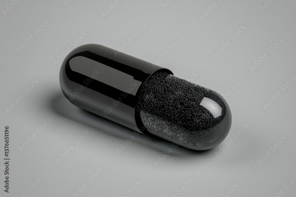 Poster black capsule with glossy exterior and textured interior resting on a neutral background, showcasing