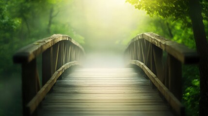 Obraz premium A misty wooden bridge leads into a serene forest, symbolizing peace and spiritual clarity. Ethereal landscapes and soft-focus details create a tranquil nature scene with ample copy space.