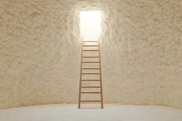 Ladder to Brightness: Leading to an opening, a wooden ladder stands in a textured, pale room, inviting ascent to the light.