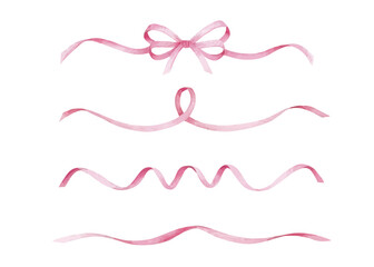 Pink decorative ribbons in different shapes and styles isolated on white background. Watercolor vector illustration. Design for greeting card, invitation, poster, banner, decoration.