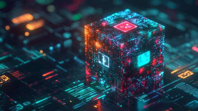 Hi-tech Square blocks are collected in a cubic array against the background of information fields. 3d illustration of blockchain abstract concept. Artificial intelligence learnability