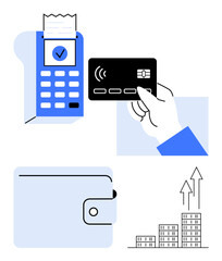 Payment terminal with completed receipt, a hand holding a contactless credit card, wallet, and upward business growth statistics. Ideal for finance, technology, business, transactions, savings