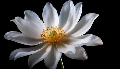 a close up of a delicate white flower captured in dramatic lighting highlighting its graceful form and the subtle texture of its petals against a black backdrop