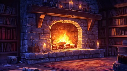Cozy stone fireplace with burning logs and flickering candles in a rustic library