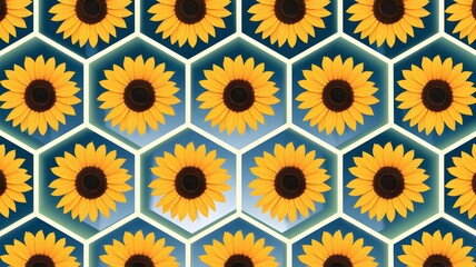 A background with sunflowers in a honeycomb with a smooth sky blue gradient.