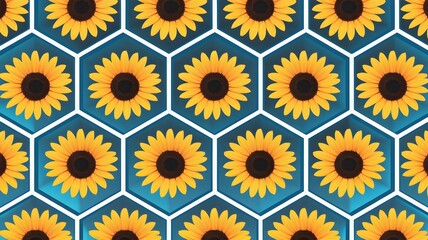 A background with sunflowers in a honeycomb with a smooth sky blue gradient.