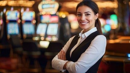 Portrait of a confident female casino employee in white shirt and black vest, standing with arms crossed, blurred slot machines in luxury casino background, natural light, and bokeh effect.