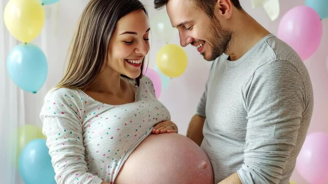 A devoted husband lovingly embraces his pregnant wife, reflecting their strong bond and shared joy as they prepare for the arrival of their baby. The moment represents their excitement for the future