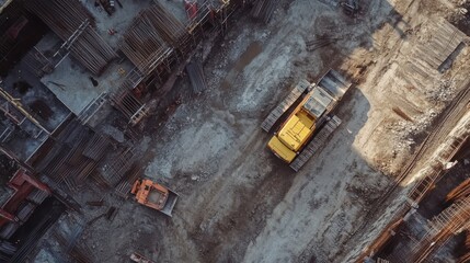 Aerial view depicting construction site with heavy equipment and foundation framework