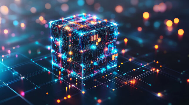 Blockchain abstract concept. Hi-tech Square blocks are collected in a cubic array against background of information fields. 3d illustration of Artificial intelligence learnability