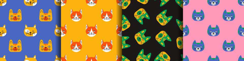 Whimsical colorful collection of seamless patterns with fluffy cat faces. Simple bright happy kitten heads prints set for textiles wrapping paper and socks design. Cheerful animals.