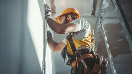 A construction worker attaching drywall to the ceiling. Featuring craftsmanship and focus