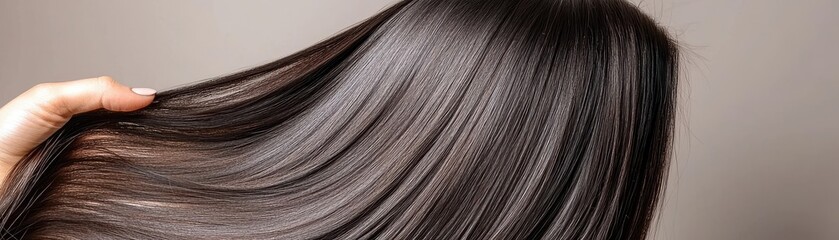Fototapeta premium A close-up of shiny, straight hair being held by a hand, showcasing its smooth texture and healthy appearance against a neutral background.