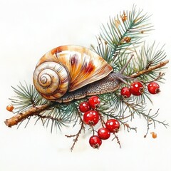 Watercolor Snail, A whimsical watercolor painting, Watercolor Snail on Pine Branch with Red Berries.