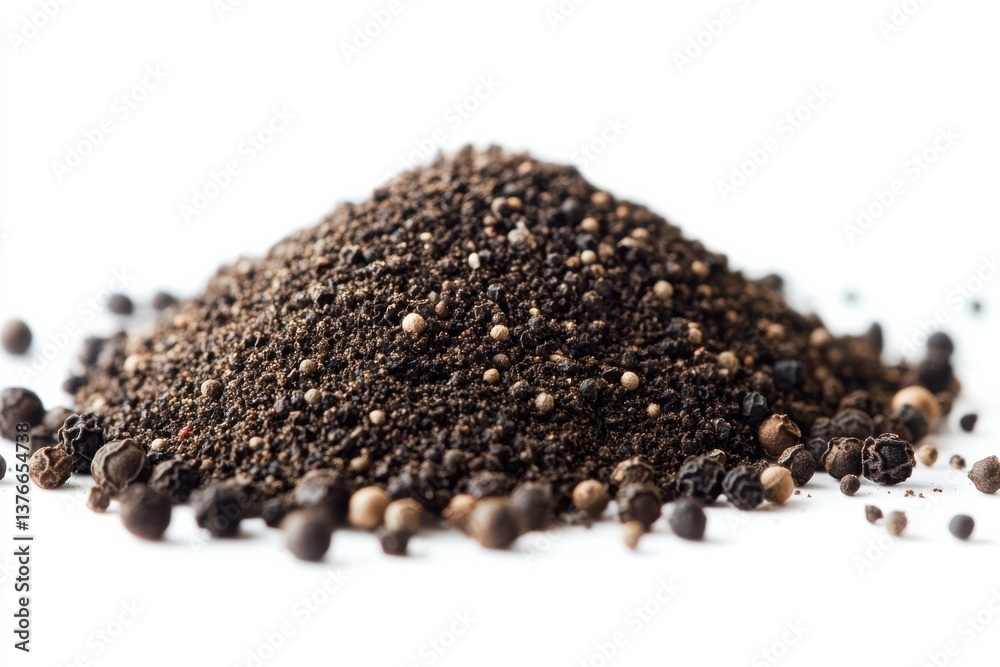 Poster black pepper ground spice with whole peppercorns on a white background showcasing its texture and co
