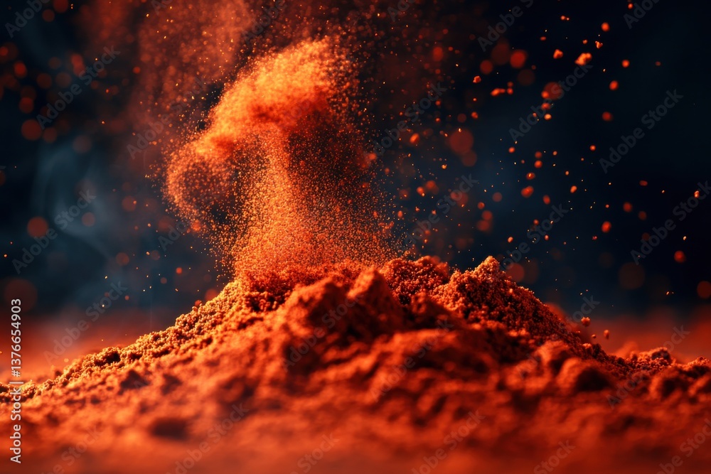 Poster vibrant red spice powder creating dramatic cloud in dark setting during culinary preparation