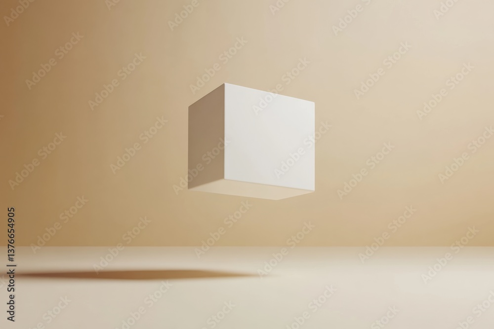 Poster Floating white cube suspended in a minimalist setting with soft beige backdrop and subtle shadows