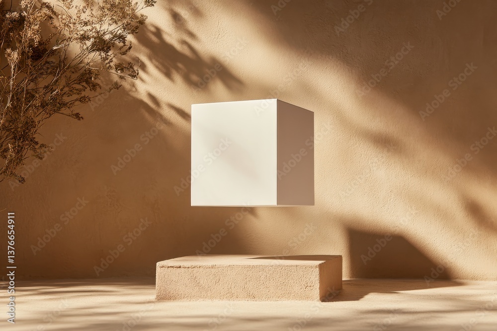 Poster A minimalist display of a floating white cube on a beige pedestal surrounded by soft shadows in a serene environment