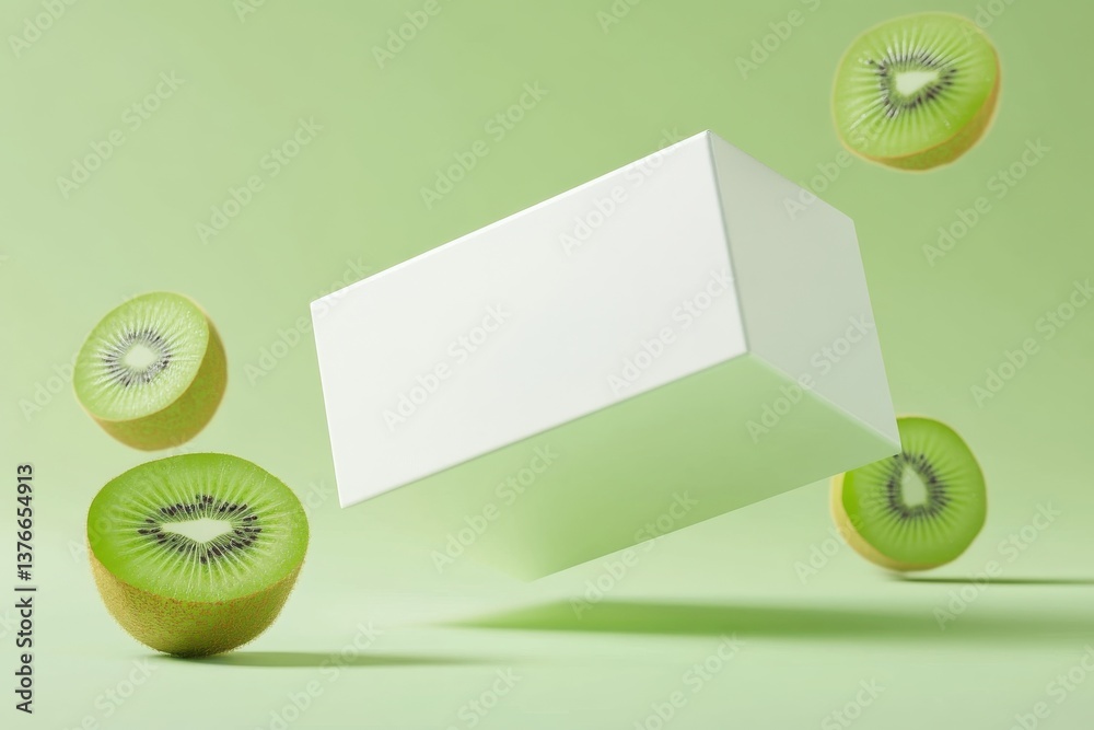 Poster Kiwi fruit and a floating white box create a playful composition on a green background