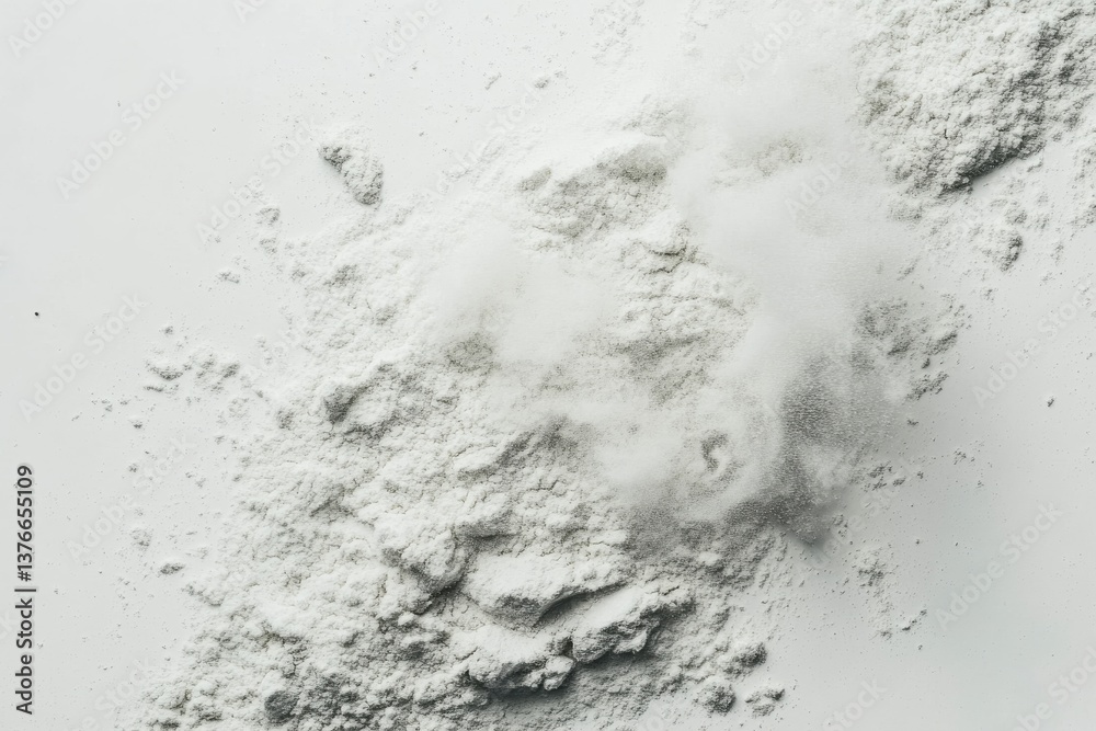 Poster powdered substance spread across a flat surface with a fine mist of dust rising in bright light