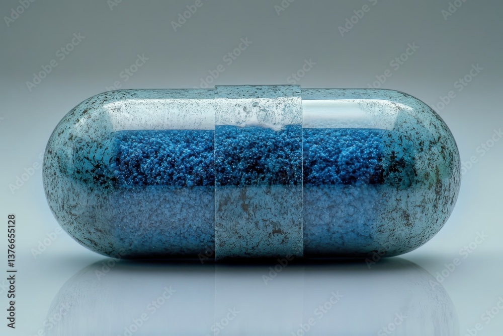 Aufkleber unique close-up view of a blue capsule filled with vibrant granules on a reflective surface in a min