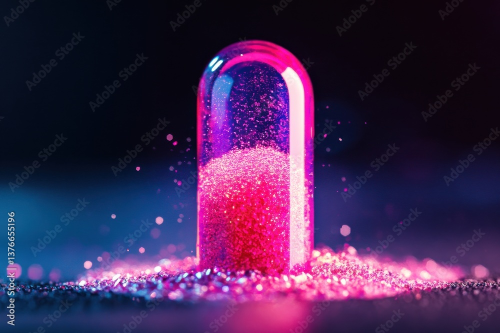 Poster bright pink capsule filled with sparkling particles on a dark surface creates a mystical atmosphere 