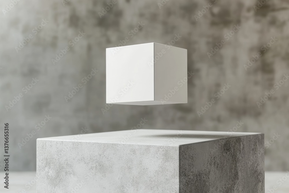 Aufkleber Floating white cube above concrete pedestal in minimalist space creating a modern artistic vibe