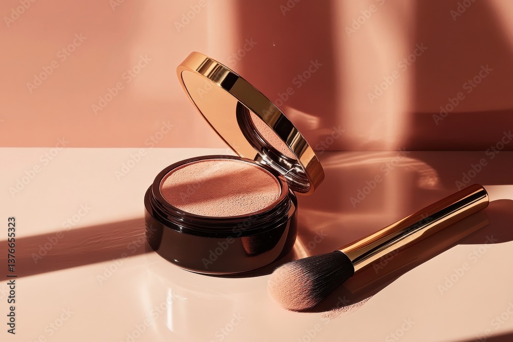 Aufkleber elegant makeup display featuring a compact powder and brush set in soft lighting
