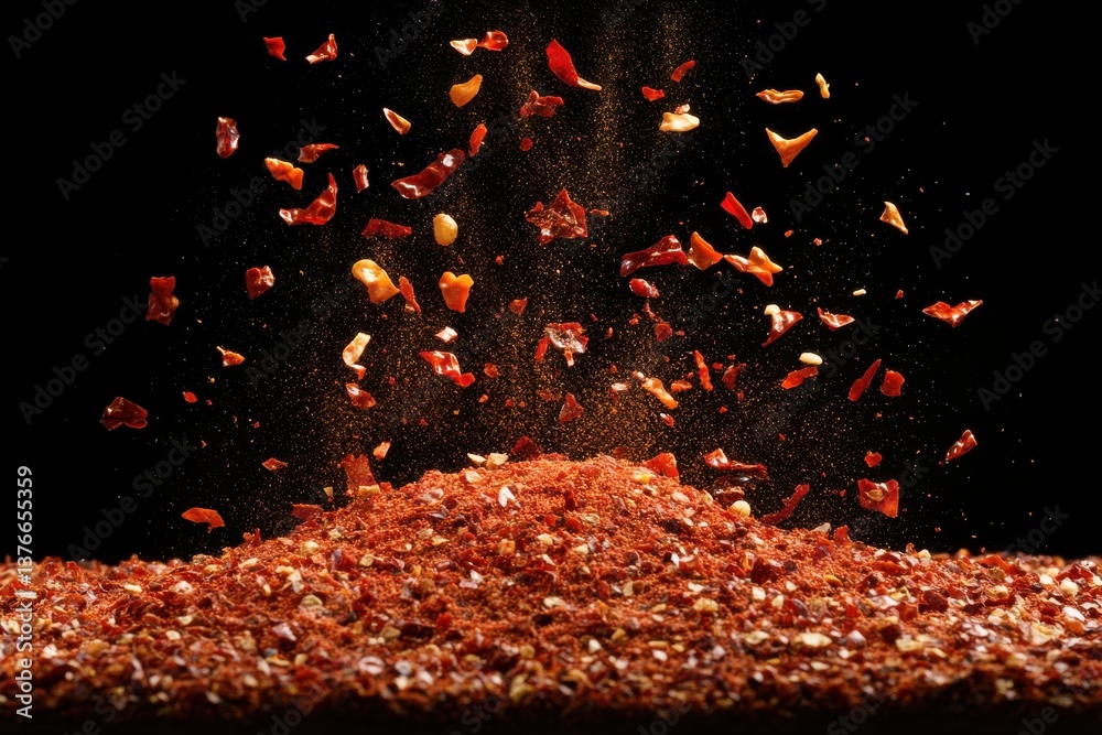 Poster spices fly into the air while a mound of chili powder sits on a table in a dramatic culinary scene