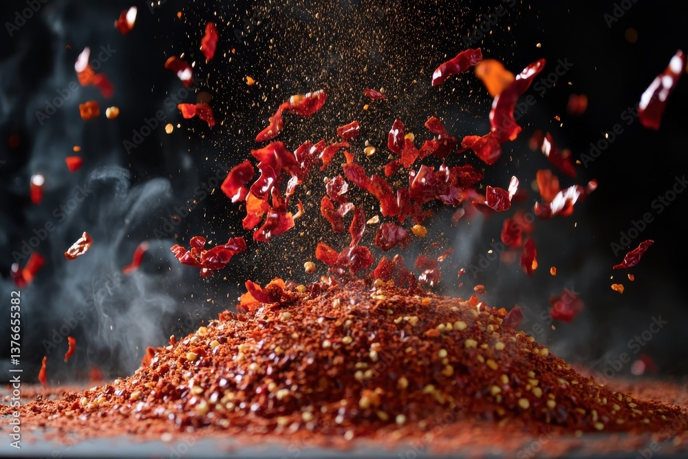 Poster vibrant red chili flakes create a flavorful display in a kitchen setting during food preparation