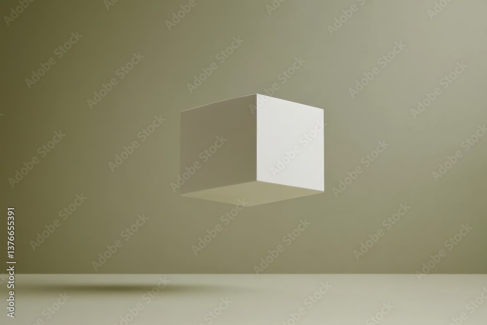 Poster Floating white cube in minimalist indoor space with neutral background showcasing design simplicity