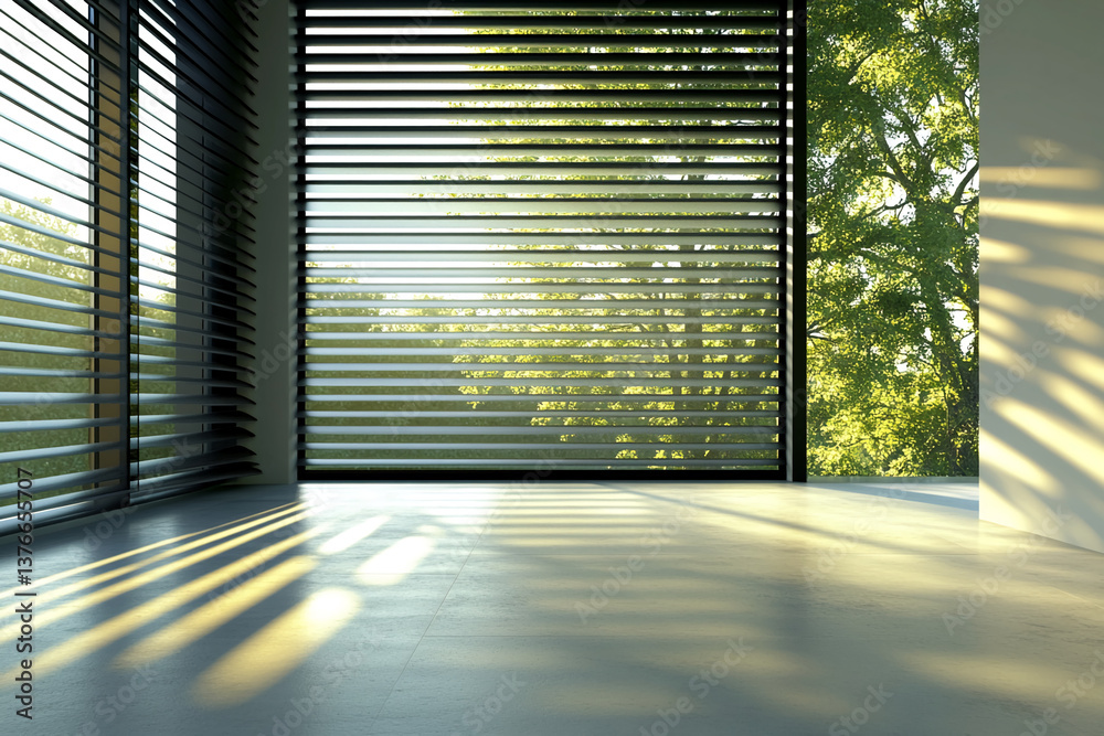 Aufkleber sunlight streams through window blinds into a minimalist room, showcasing a tranquil atmosphere and 