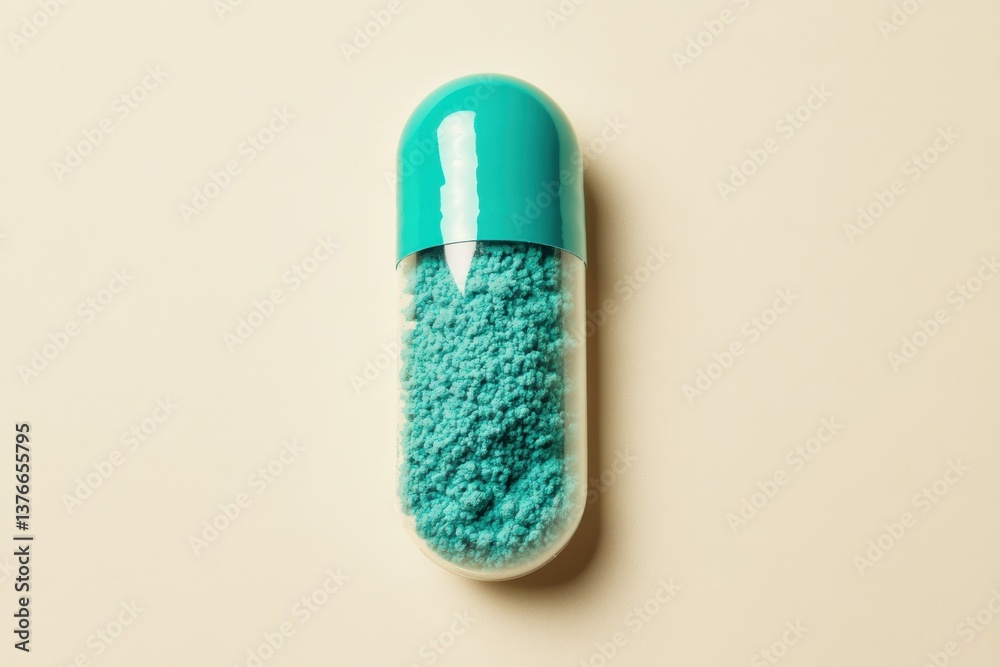 Aufkleber capsule filled with vibrant turquoise powder resting on a neutral background showcasing color and te