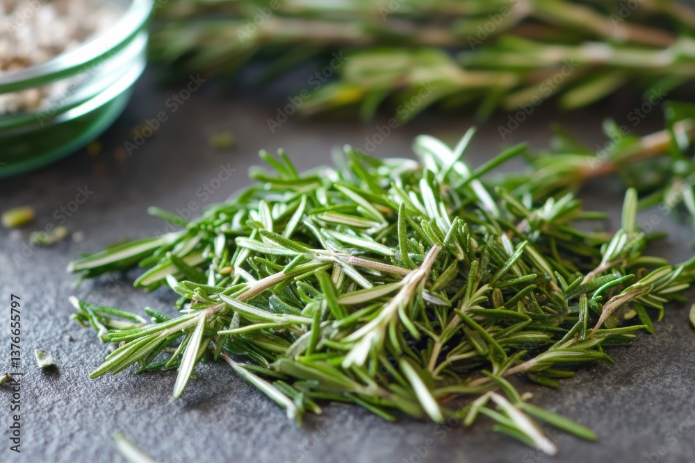 Poster fresh rosemary sprigs arranged on a dark surface with dried herbs in the background creating a culin