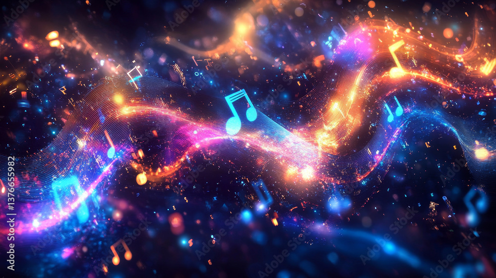 Poster hi-tech, sci-fi 3d illustration abstract musical beat. sound wave in field of big data particles. da