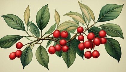 botanical illustration of a branch with red berries and green leaves
