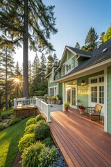 Obraz premium Beautiful Green House at Sunset With Scenic Forest View Generative AI