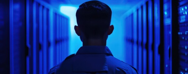 Young man in military uniform faces endless rows of illuminated server cabinets in a dark data center, partial shoulder visible. Blurred foreground space for text or graphics. High-tech security theme