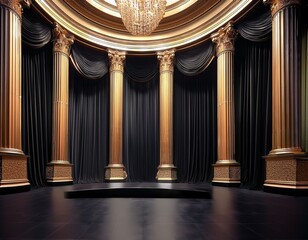 elegant black stage with gold pillars and drapes